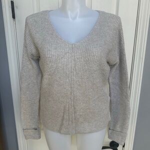 If It Were Me ANTHROPOLOGIE Sweater Waffle Knit V Neck Back HiLo Cozy Pullover M